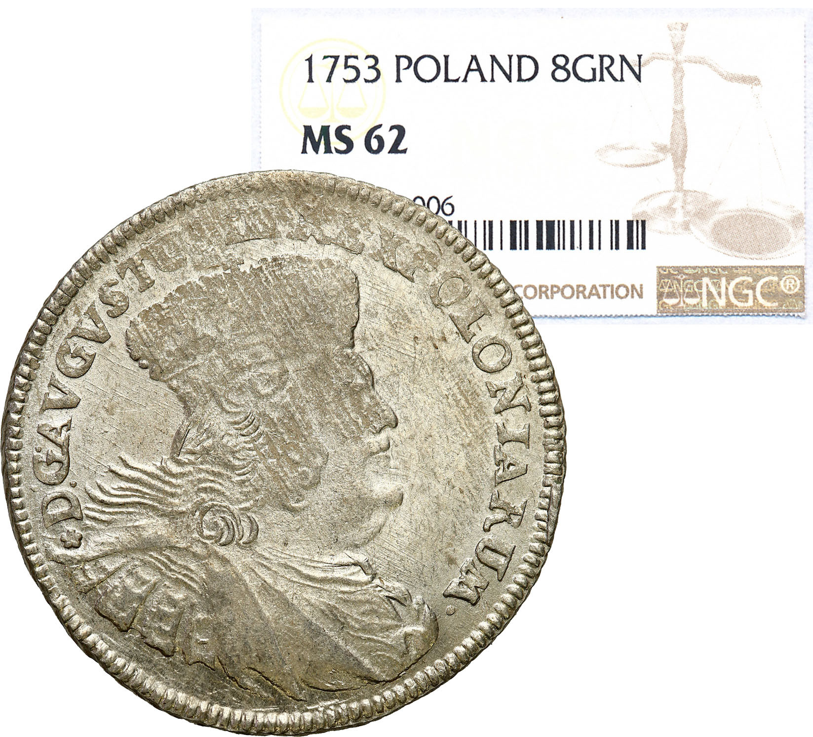 August III Sas. Dwuzłotówka (8 groszy) 1753 - litery EC - Lipsk NGC MS62 - WYŚMIENITA Nienotowana